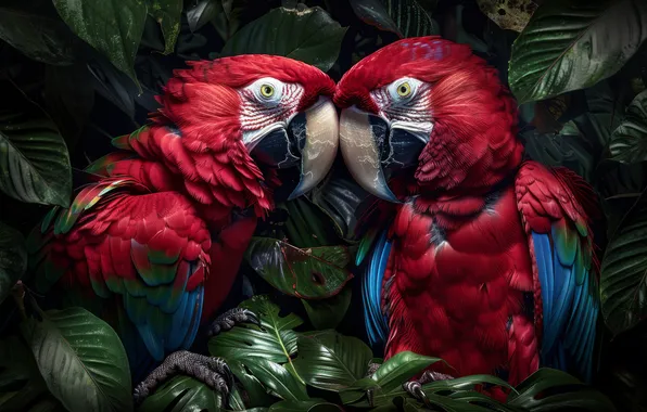Birds, pair, parrots, Ara, AI art, neural network