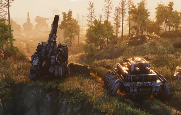 Forest, gun, robots, Iron Harvest