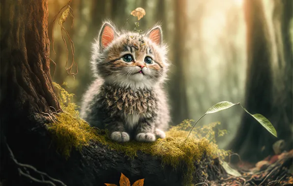 Forest, cat, nature, rendering, kitty, graphics, moss, animal