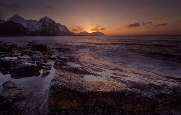 Sea, sunset, mountains, Norway