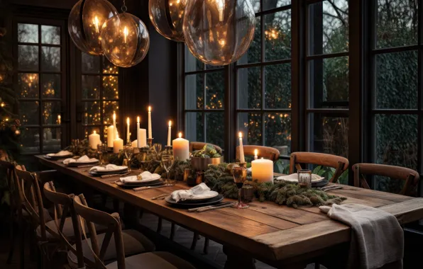 Branches, lamp, interior, candles, glasses, window, Christmas, dishes