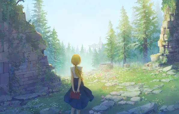 Forest, girl, landscape, nature, well, book, ruins