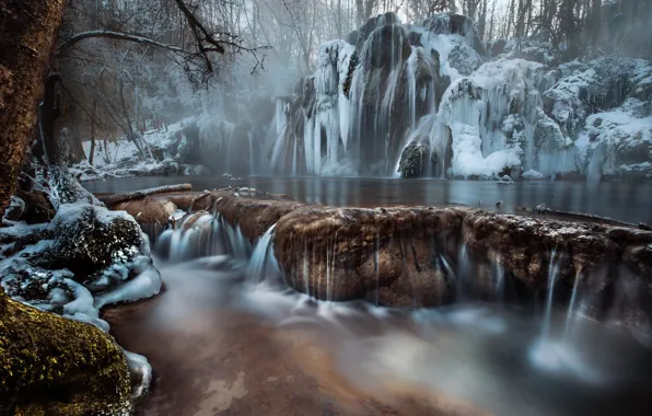 Winter, water, trees, nature, river, stones, ice, icicles