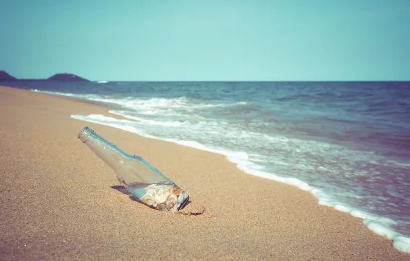 Sand, sea, wave, beach, summer, the sky, bottle, shell