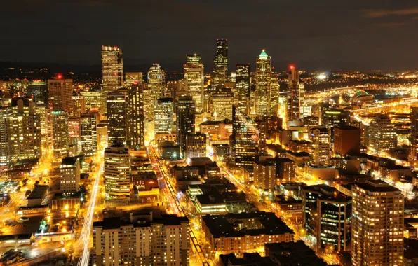 Picture lights, building, skyscrapers, backlight, Seattle, USA, USA, night city