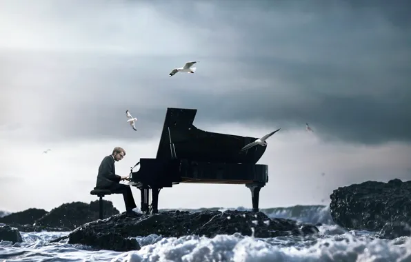 Picture wave, seagulls, piano, pianist, Vincent Bourilhon, The Ocean Symphony