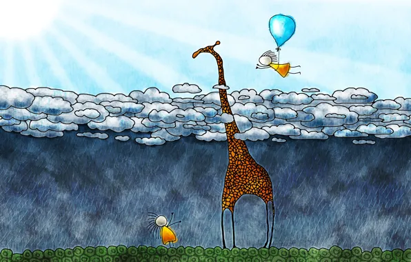 Clouds, children, giraffe