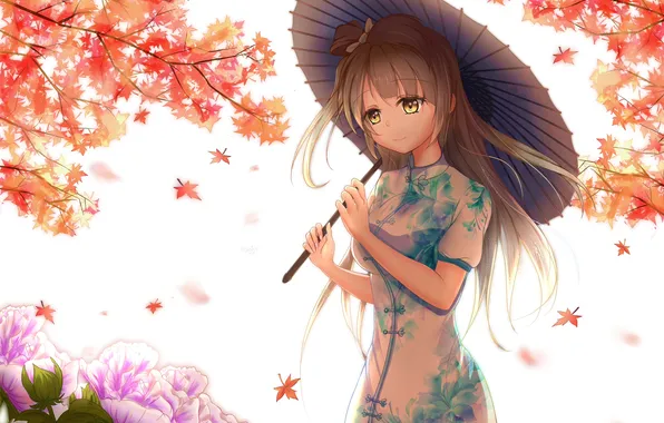 Leaves, girl, flowers, smile, umbrella, anime, art, kimono