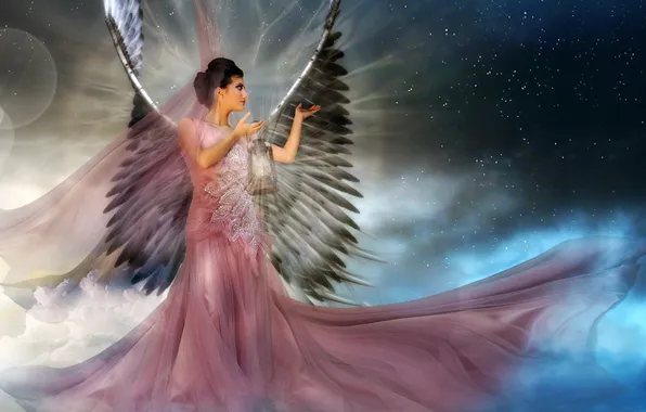 The sky, girl, stars, light, face, fog, wings, angel