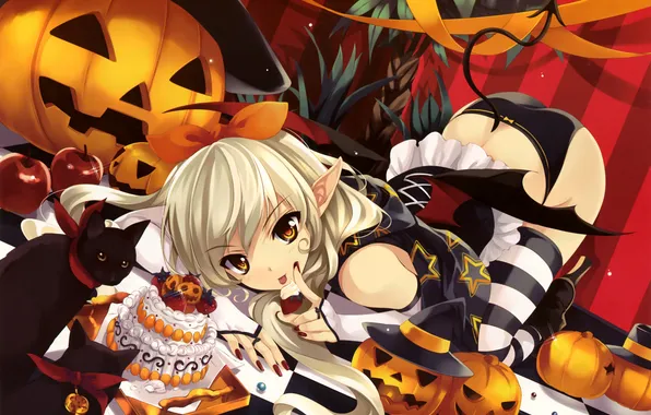 Cat, holiday, Girl, cake, pumpkin, elf, Halloween
