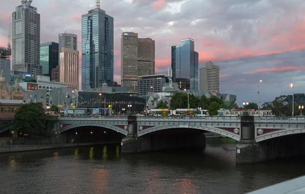 The sky, clouds, bridge, river, transport, skyscraper, home, the evening