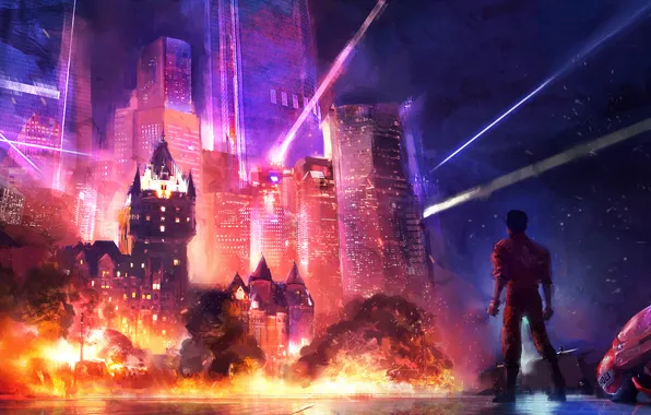 Picture the explosion, the city, anime, akira, Neo-Quebec