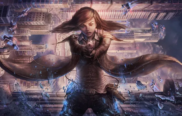 Girl, the city, gun, fiction, skyscrapers, cloak, cyberpunk, antigravity