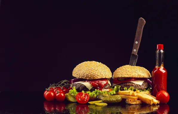 Picture photo, Bottle, Hamburger, Knife, Tomatoes, Food, Buns, Fast food