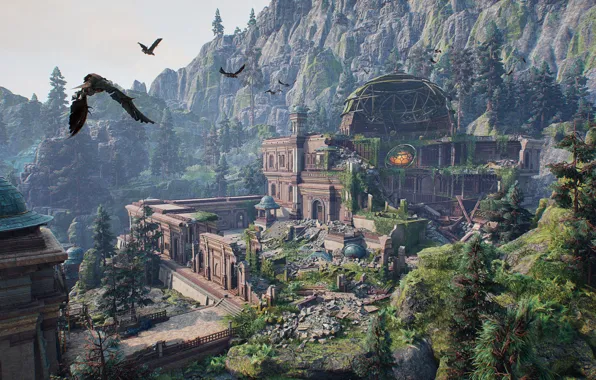 Mountains, birds, castle, fantasy, ruins, Outcast 2 - A New Beginning
