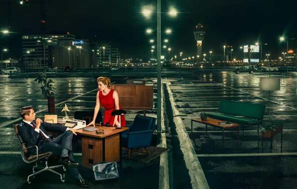 Girl, night, lights, male, boss, Secretary