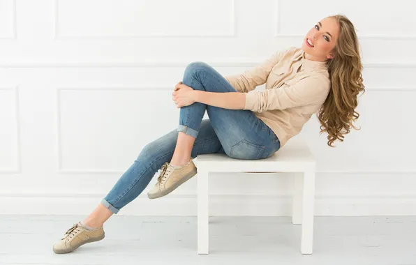 Girl, beautiful, jeans, look, cute, long-haired