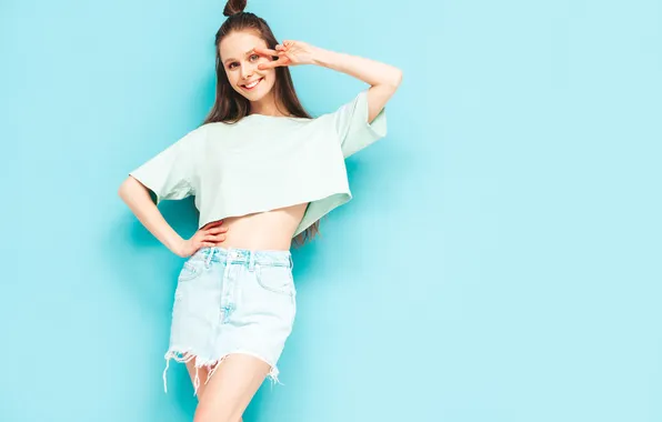Picture girl, beauty, Denim, tank top, mini skirt, glamorous