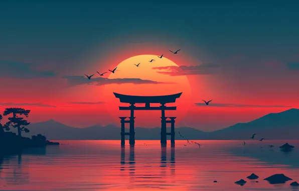 Golden, sunset, glow, lake, birds