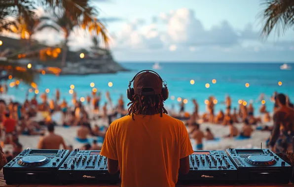 Sea, beach, music, people, DJ, disco, equipment, vacationers