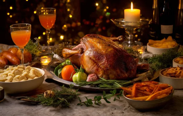 Wine, food, candles, glasses, Christmas, New year, feast, bokeh