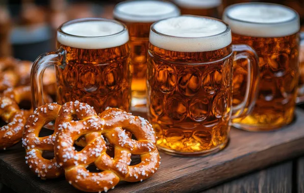 Glass, foam, Board, beer, mugs, pretzels, AI art, neural network