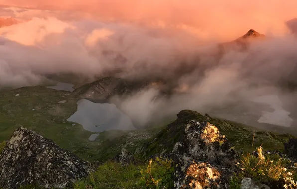 Mountains, fog, lake, Russia, Karachay-Cherkessia, photographer Maxim Evdokimov