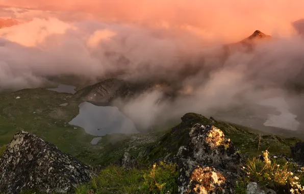 Picture mountains, fog, lake, Russia, Karachay-Cherkessia, photographer Maxim Evdokimov