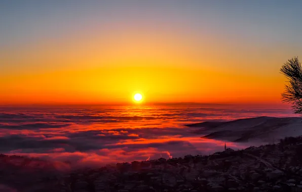 Picture the sky, the sun, sunset, mountains, fog, glow, town