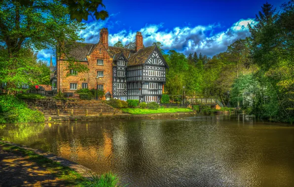 Greens, water, trees, lake, house, HDR, mansion