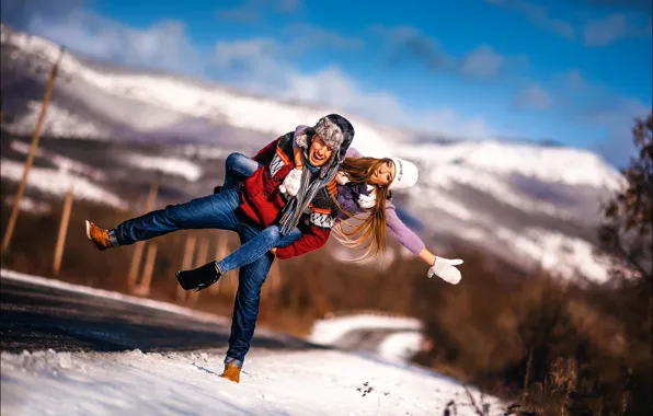 Picture road, girl, snow, joy, mountains, guy