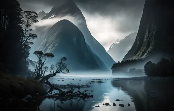 Trees, landscape, mountains, nature, fog, rendering, rocks, shore
