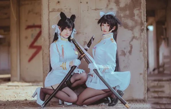 Picture girl, medal, uniform, cosplay, samurai swords