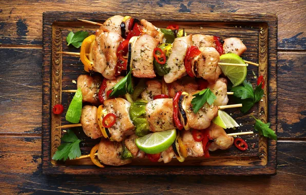Greens, lime, Board, pepper, vegetables, kebab