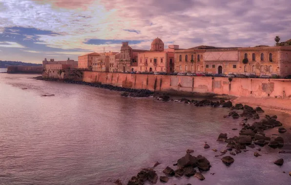 Stones, shore, island, the evening, Italy, Sicily, Siracusa, Ortigia