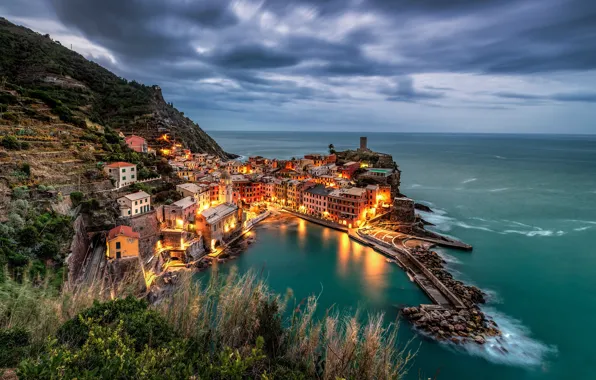 Sea, grass, clouds, the city, lights, view, building, home