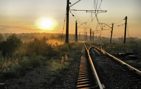 Picture The sun, Home, Fog, Wire, Railroad, The way