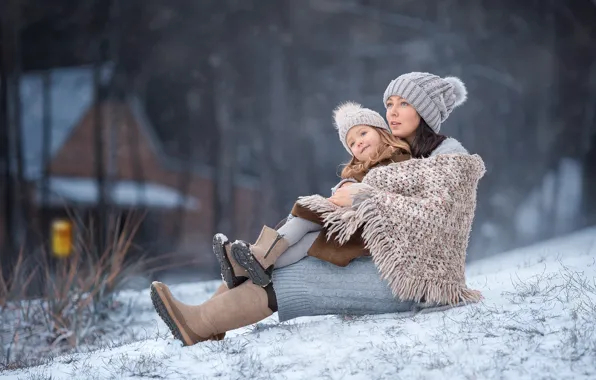 Winter, snow, nature, house, woman, girl, mom, child