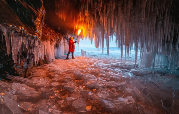 Winter, light, nature, ice, icicles, torch, the grotto, Alfia Safuanova