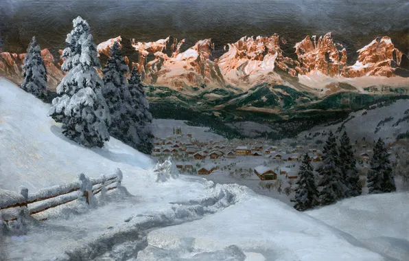 Home, Winter, The evening, Mountains, Snow, Picture, Alois Arnegger, Winter landscape