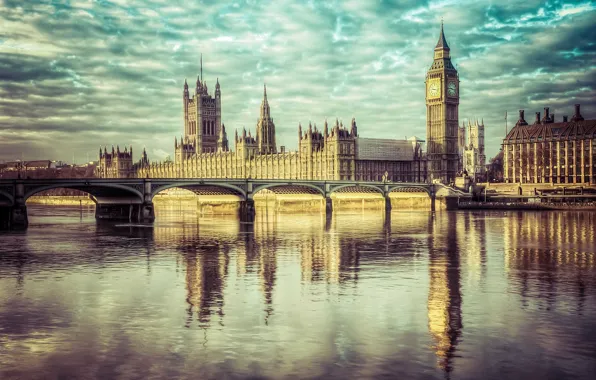The sky, clouds, reflection, England, London, mirror, Big Ben, The Palace of Westminster