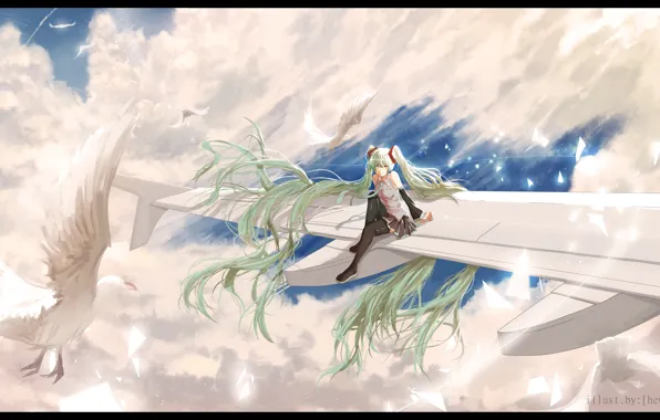 Picture the sky, girl, clouds, birds, the plane, anime, art, vocaloid