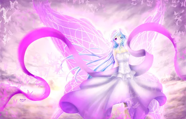 Picture girl, butterfly, wings, anime, art, tape, maoh