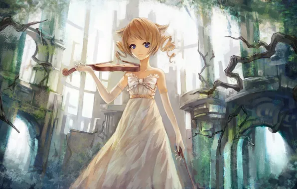 Picture girl, trees, nature, violin, anime, art, ruins, qghy