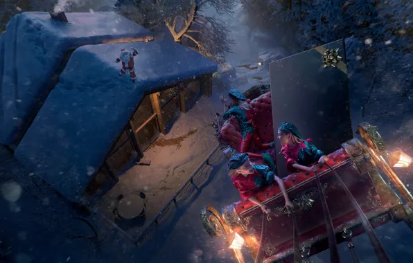 Winter, Night, Snow, New Year, House, Elves, Roof, House