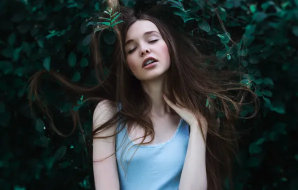 Leaves, girl, face, green, sweetheart, makeup, Mike, brown hair