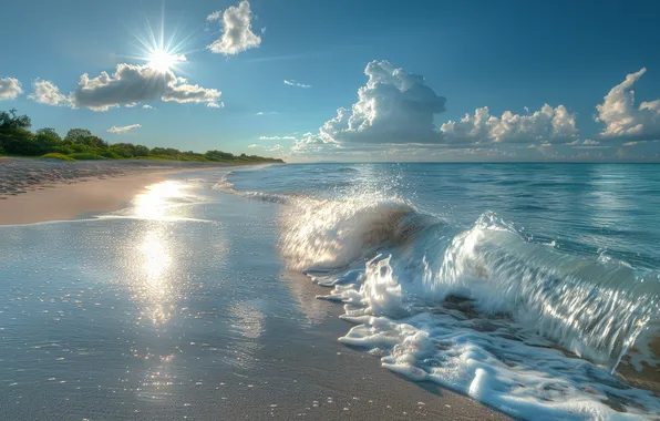 Sand, sea, wave, beach, summer, the sky, the sun, clouds