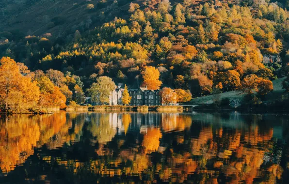 Autumn, forest, mountains, lake, house, reflection, shore, home
