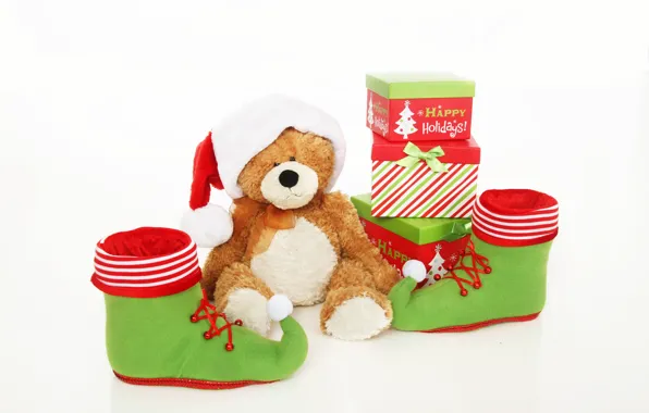 Winter, holiday, toy, bear, Christmas, bear, gifts, white background