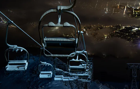 Winter, snow, landscape, night, the city, lift